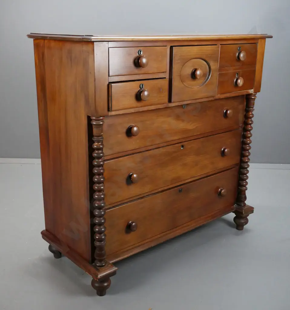 early colonial kauri break-front 7 drawer chest w/ bobbin-turned pilaster supports & turned wooden knobs, circular Image 1++