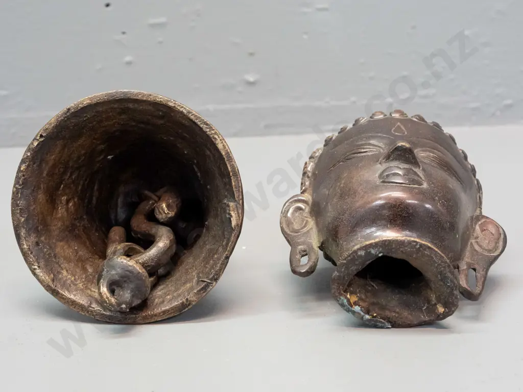 cast metal bell with elephant deity handle and a hollow cast metal Buddha head H-130 Image 1++