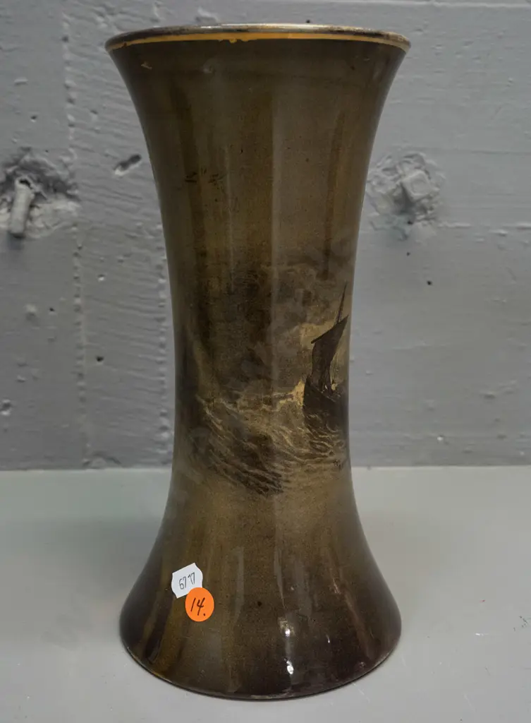 vintage Ridgways Royal Vistas ware flared vase w/ nautical scenes 'Bay of Naples' & 'The Rainbow' - hairline star crack Image 1++