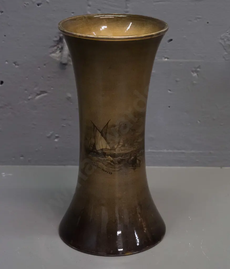 vintage Ridgways Royal Vistas ware flared vase w/ nautical scenes 'Bay of Naples' & 'The Rainbow' - hairline star crack Image 1++