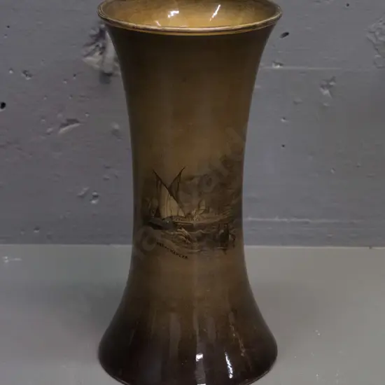 vintage Ridgways Royal Vistas ware flared vase w/ nautical scenes 'Bay of Naples' & 'The Rainbow' - hairline star crack