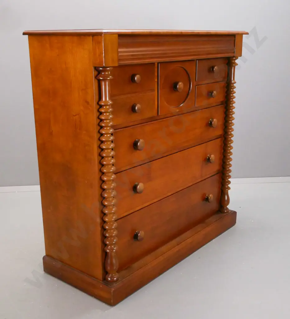 reproduction colonial style beech 8-drawer chest w/ shaped top drawer, wooden knobs on others, turned pilasters, on Image 1++