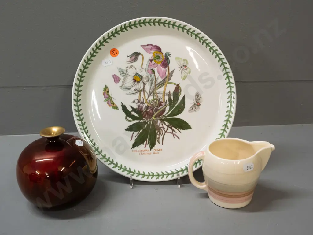 3 pieces of English porcelain - Susie Cooper jug, Portmeirion Botanic Garden hellebore plate, Wilkinson's lustre bottle Image 1++