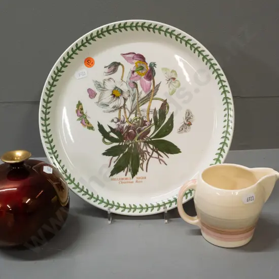3 pieces of English porcelain - Susie Cooper jug, Portmeirion Botanic Garden hellebore plate, Wilkinson's lustre bottle