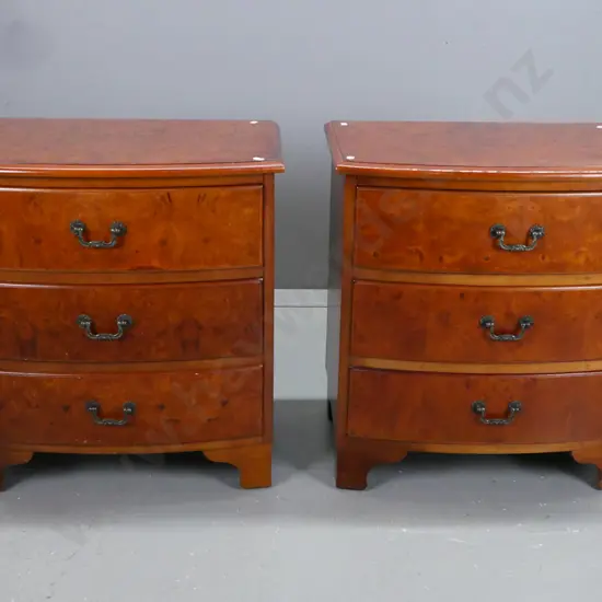 pair  3-drawer bow front bedside chests - rimu w/ burr elm veneer top and fronts, cast metal drop handles, RA & CR