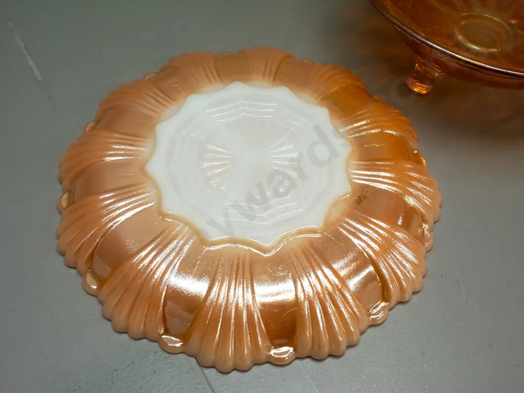 3 pieces marigold carnival glass - two 3-footed bowls & a segmented dish. 2 have white under-layer, tallest H-95 D-200 Image 1++