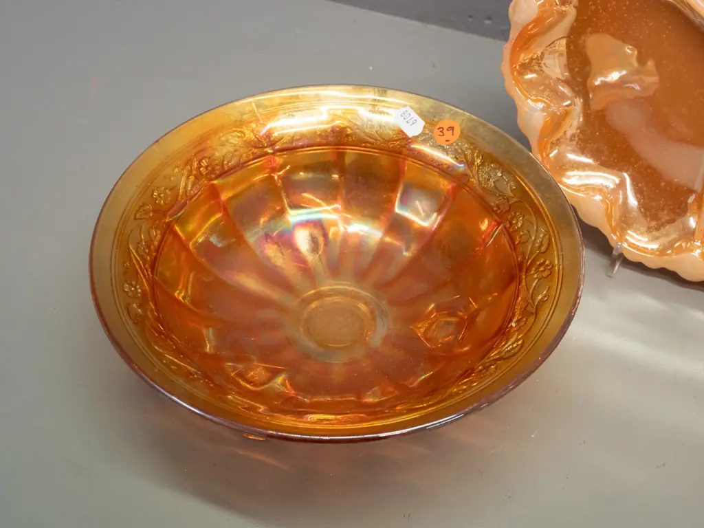 3 pieces marigold carnival glass - two 3-footed bowls & a segmented dish. 2 have white under-layer, tallest H-95 D-200 Image 1++