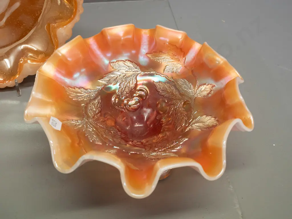 3 pieces marigold carnival glass - two 3-footed bowls & a segmented dish. 2 have white under-layer, tallest H-95 D-200 Image 1++