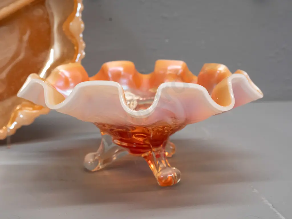 3 pieces marigold carnival glass - two 3-footed bowls & a segmented dish. 2 have white under-layer, tallest H-95 D-200 Image 1++