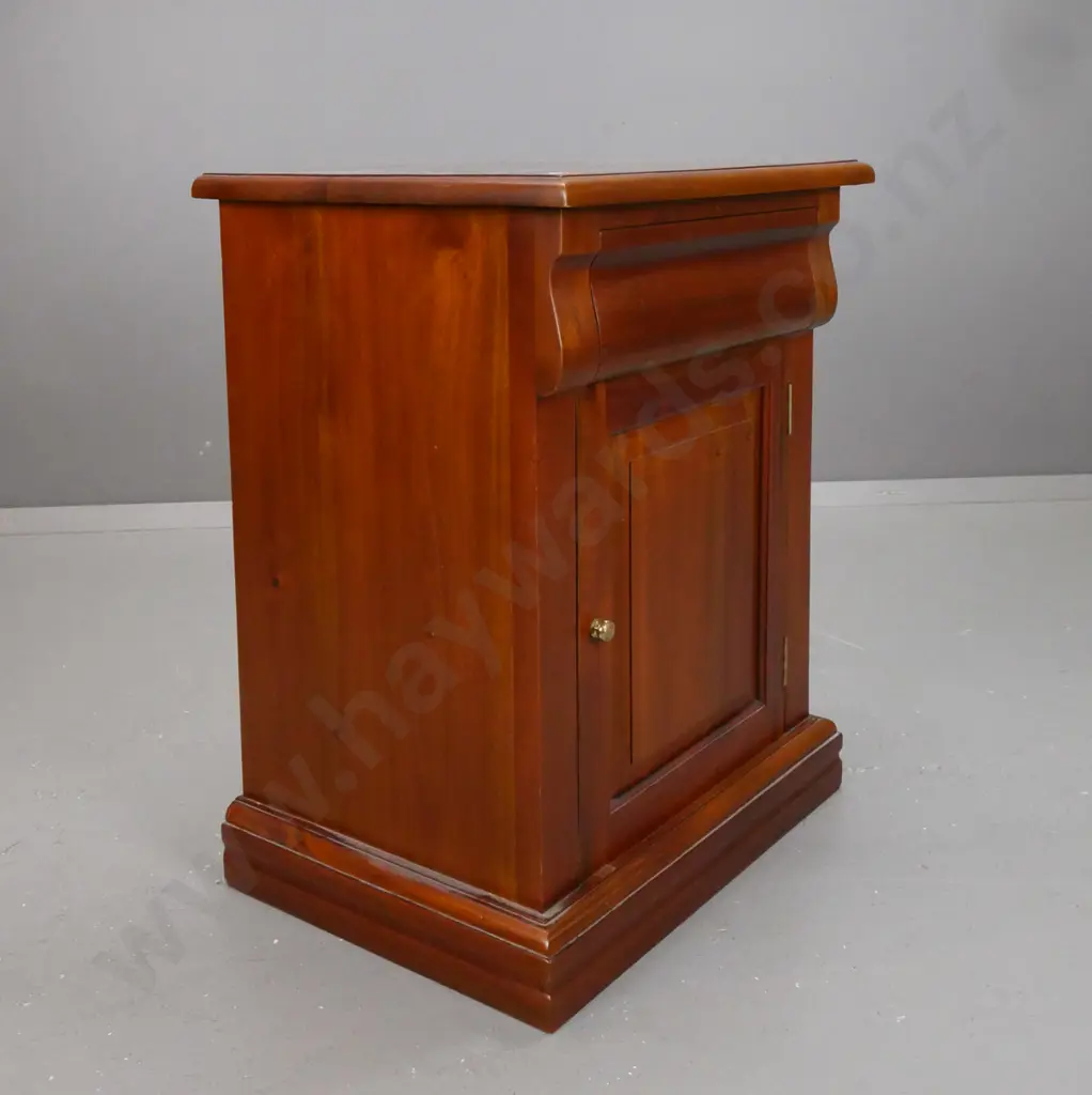 reproduction mahogany bedside cupboard with shaped top drawer, panelled door with brass knob H-650 W-500 D-400 Image 1++