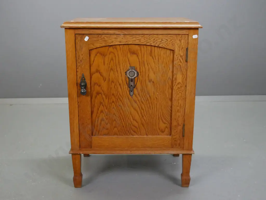 vintage arts & crafts style oak bedside cupboard with panelled door with transfer decoration, drop handle with diamond Image 1++