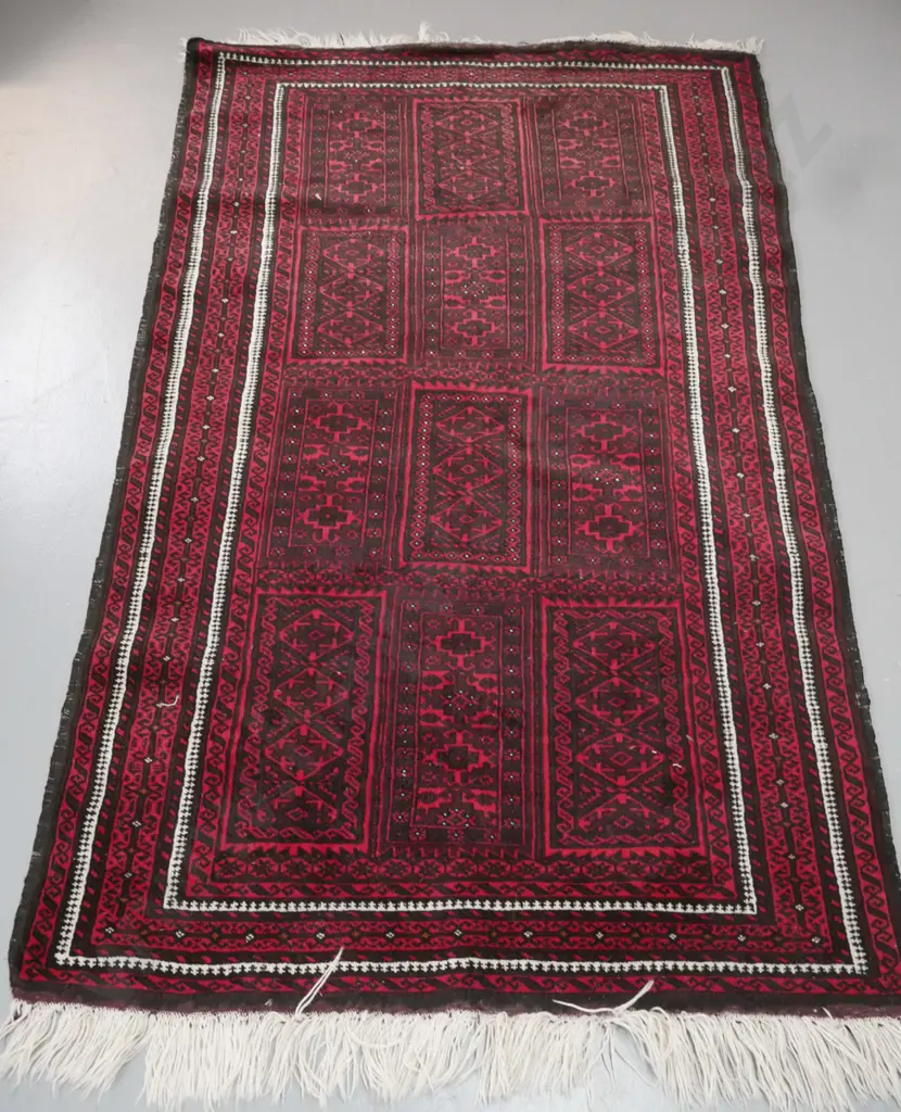 persian style hand knotted wool floor rug with geometric panels and motifs - dark red, black and light brown. L-2050 Image 1++