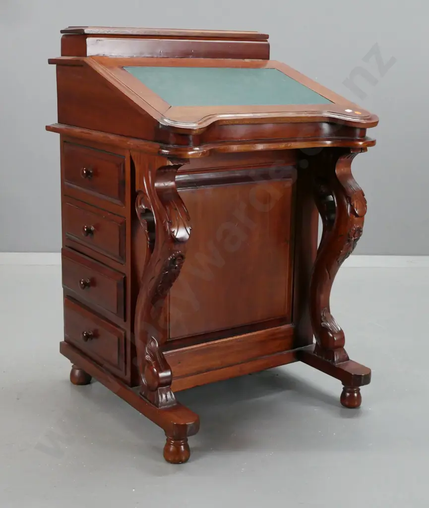 reproduction mahogany Victorian-style Davenport desk with inlaid leather writing surface, 8 interior drawers, carved Image 1++