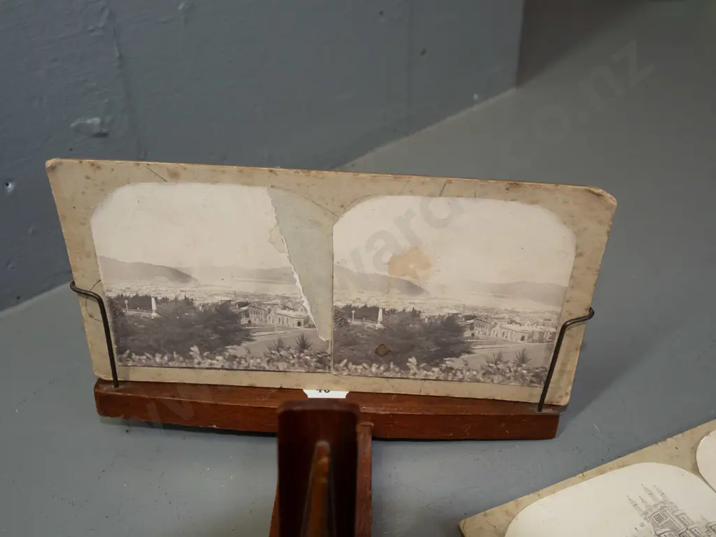vintage Underwood & Underwood NY stereoscope with 3 Dunedin stereo view cards - Otago Boys, Mornington extension, and Image 1++