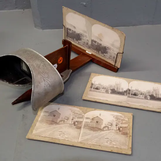 vintage Underwood & Underwood NY stereoscope with 3 Dunedin stereo view cards - Otago Boys, Mornington extension, and