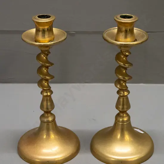 pair of vintage brass candlesticks with twist stems on conical base H-215