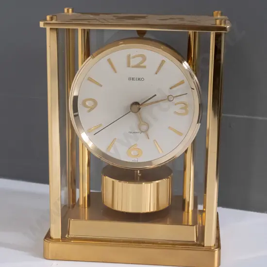 Seiko Quartz mantel clock with brass and glass rectangular case H-220 W-165 D-100