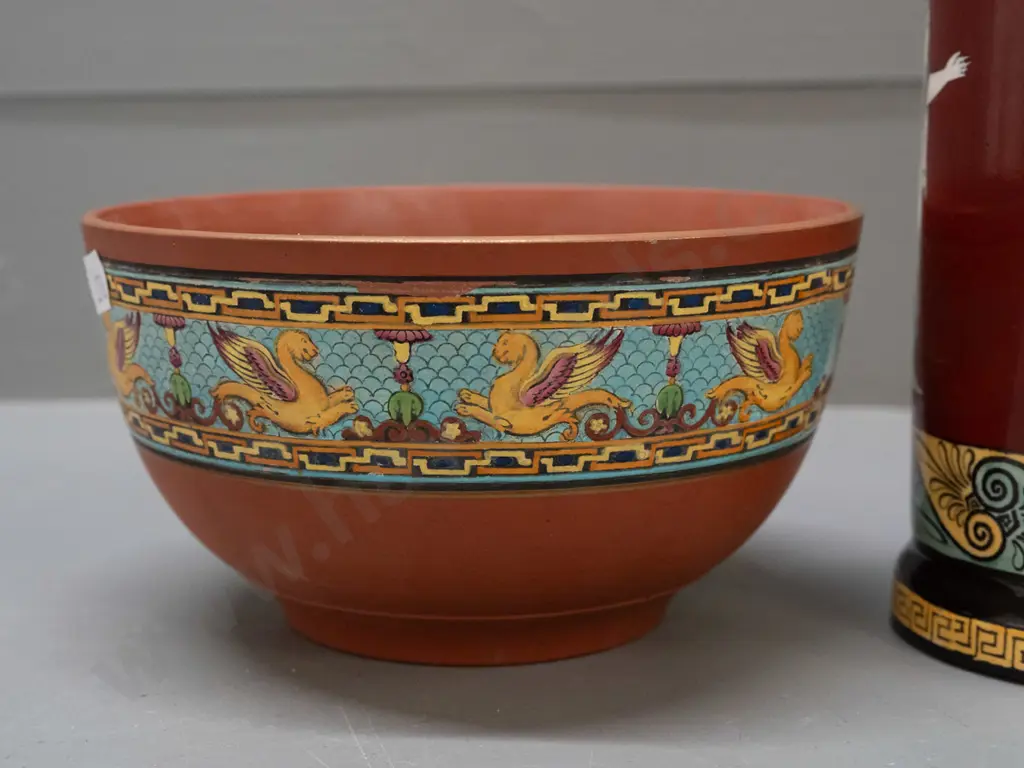 Foley Art Ware reproduction "Flaxman's Athena Period" cylindrical vase and a vintage Prattware terracotta bowl with Image 1++