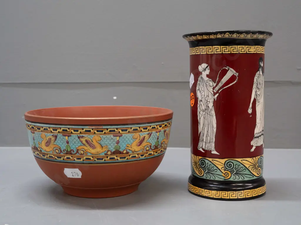 Foley Art Ware reproduction "Flaxman's Athena Period" cylindrical vase and a vintage Prattware terracotta bowl with Image 1++