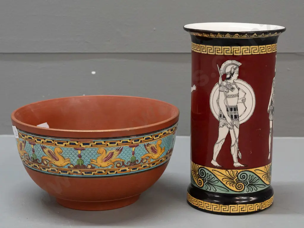 Foley Art Ware reproduction "Flaxman's Athena Period" cylindrical vase and a vintage Prattware terracotta bowl with Image 1++