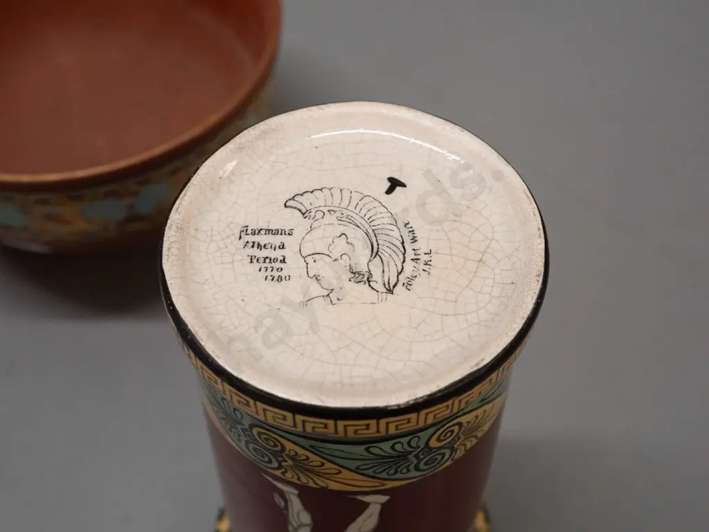 Foley Art Ware reproduction "Flaxman's Athena Period" cylindrical vase and a vintage Prattware terracotta bowl with Image 1++