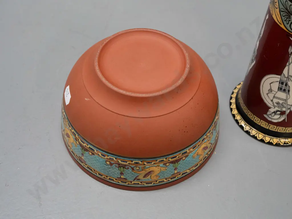 Foley Art Ware reproduction "Flaxman's Athena Period" cylindrical vase and a vintage Prattware terracotta bowl with Image 1++