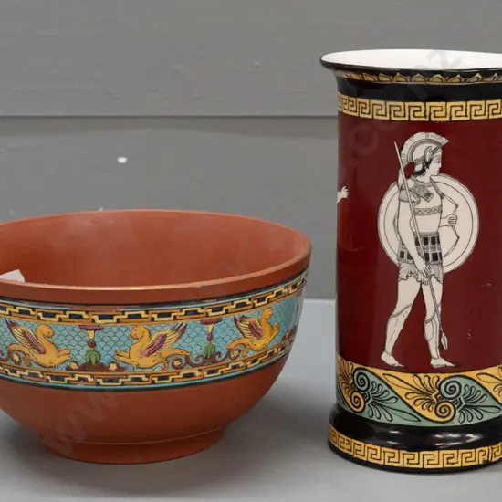 Foley Art Ware reproduction "Flaxman's Athena Period" cylindrical vase and a vintage Prattware terracotta bowl with