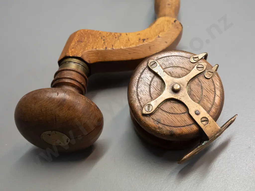 vintage W. Marples & Sons Sheffield timber hand drill brace with brass fittings, rosewood knob, an oak & brass fly Image 1++