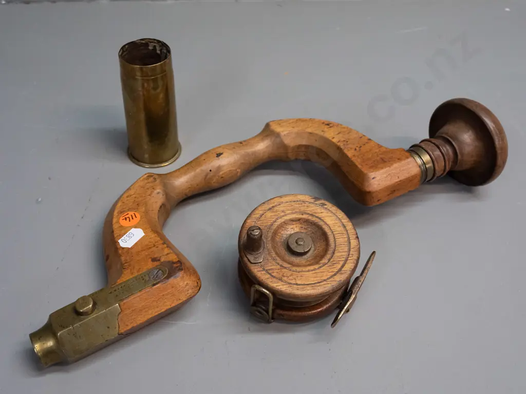 vintage W. Marples & Sons Sheffield timber hand drill brace with brass fittings, rosewood knob, an oak & brass fly Image 1++