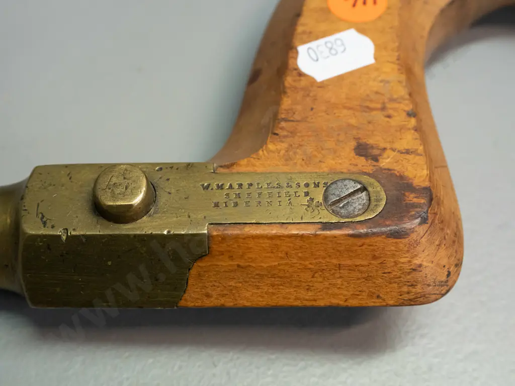 vintage W. Marples & Sons Sheffield timber hand drill brace with brass fittings, rosewood knob, an oak & brass fly Image 1++