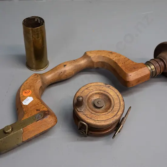 vintage W. Marples & Sons Sheffield timber hand drill brace with brass fittings, rosewood knob, an oak & brass fly