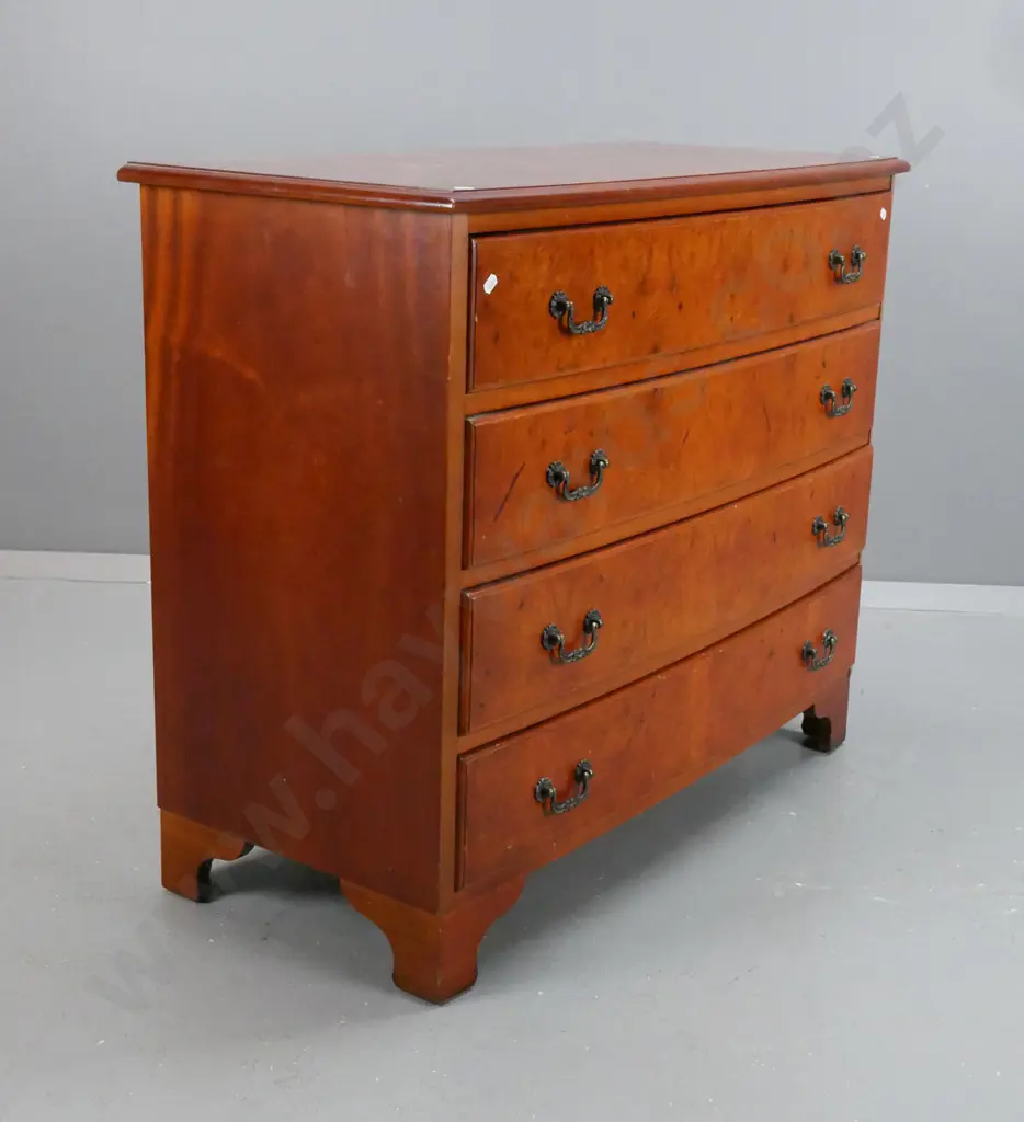 4-drawer bow front chest of drawers with burr elm veneer top and fronts, cast metal drop handles, RA & CR Davies label Image 1++