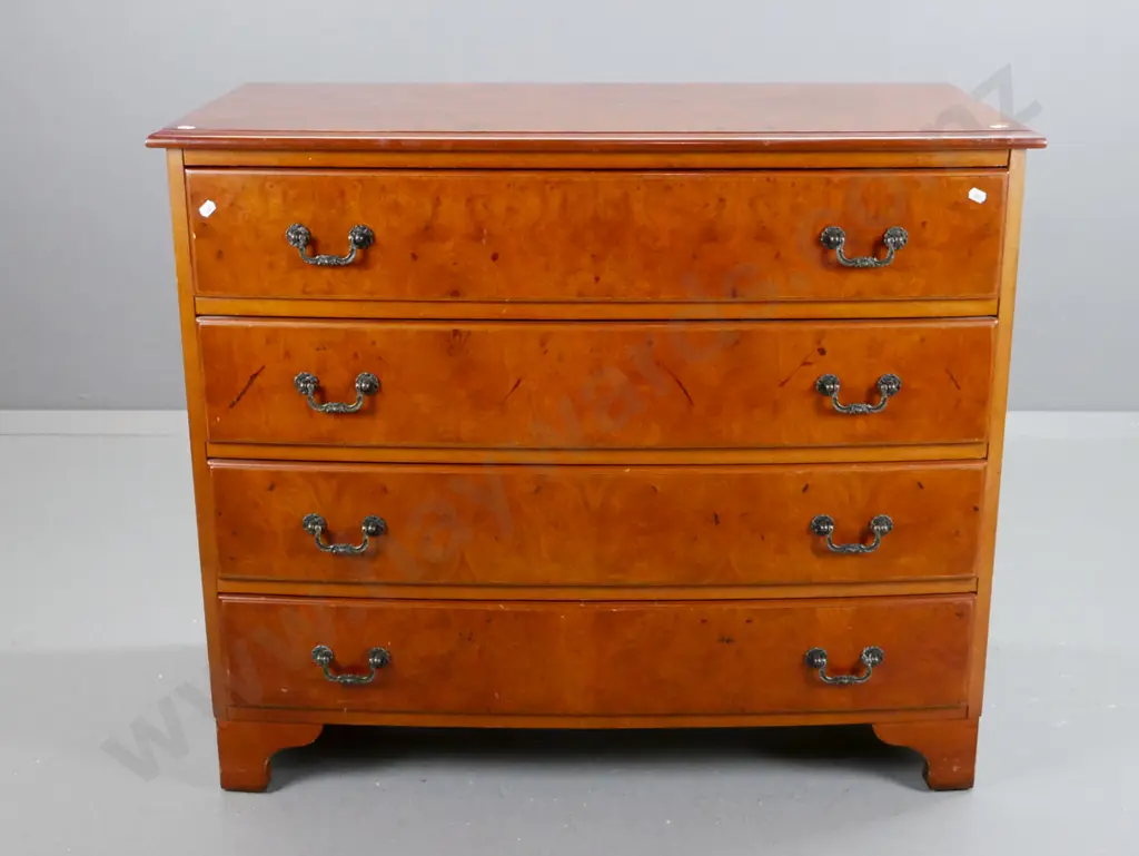 4-drawer bow front chest of drawers with burr elm veneer top and fronts, cast metal drop handles, RA & CR Davies label Image 1++
