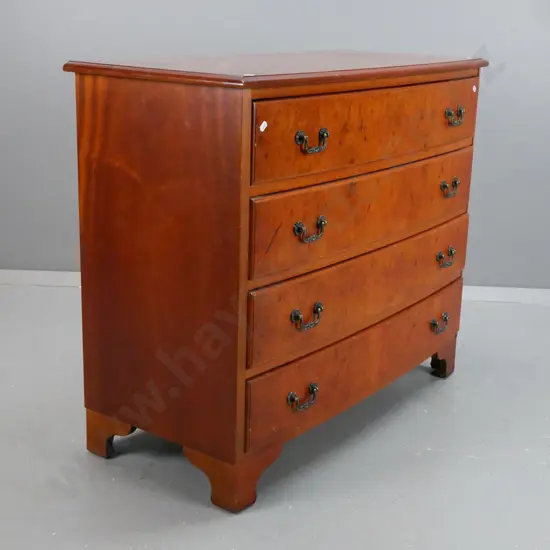 4-drawer bow front chest of drawers with burr elm veneer top and fronts, cast metal drop handles, RA & CR Davies label