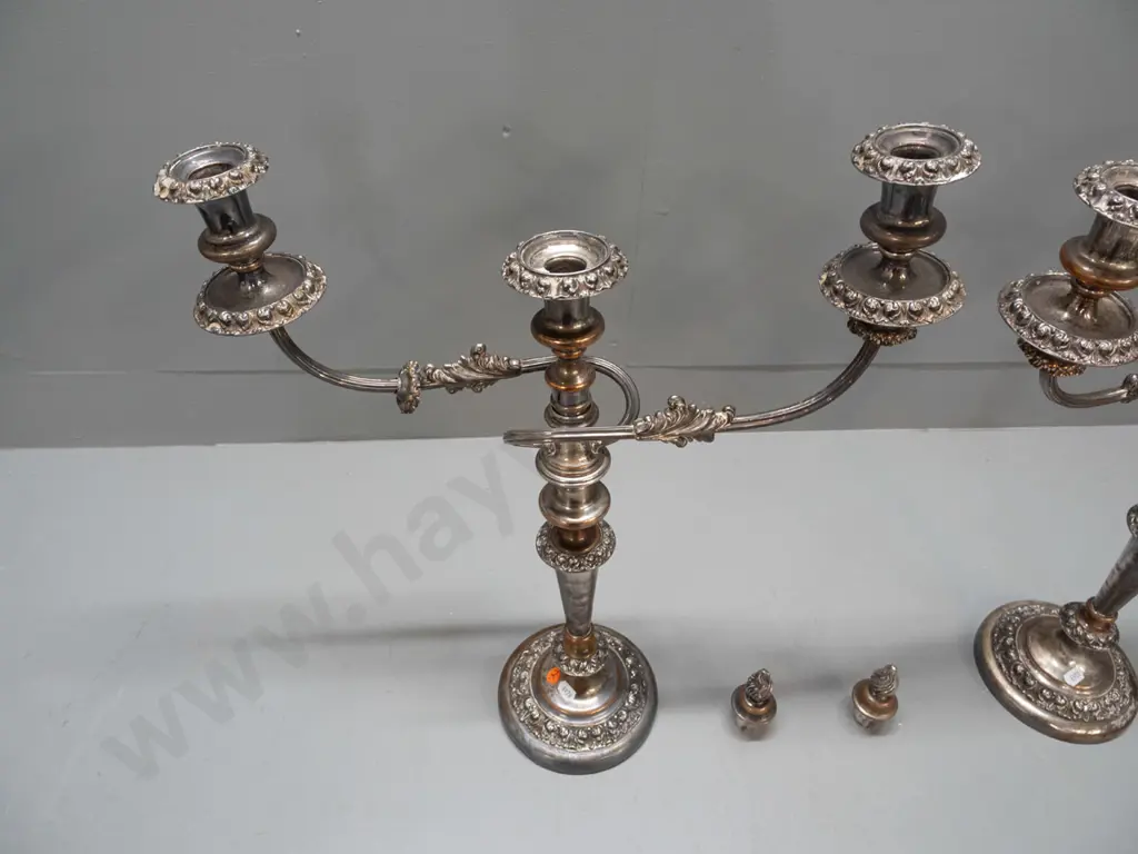 pair of Sheffield plate candelabra - 3 candle design, top can be removed to make single candle holder, includes plug for Image 1++
