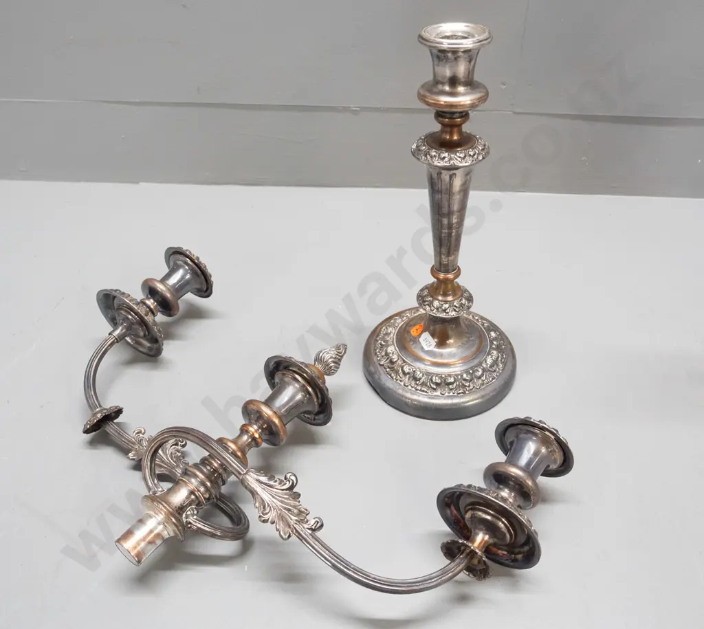 pair of Sheffield plate candelabra - 3 candle design, top can be removed to make single candle holder, includes plug for Image 1++