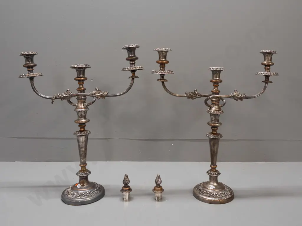 pair of Sheffield plate candelabra - 3 candle design, top can be removed to make single candle holder, includes plug for Image 1++