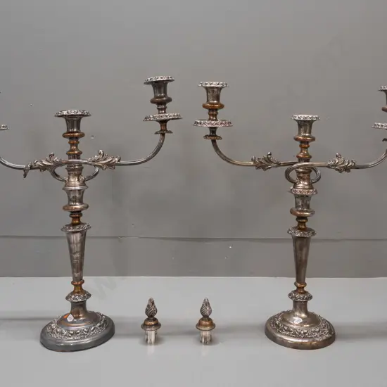 pair of Sheffield plate candelabra - 3 candle design, top can be removed to make single candle holder, includes plug for