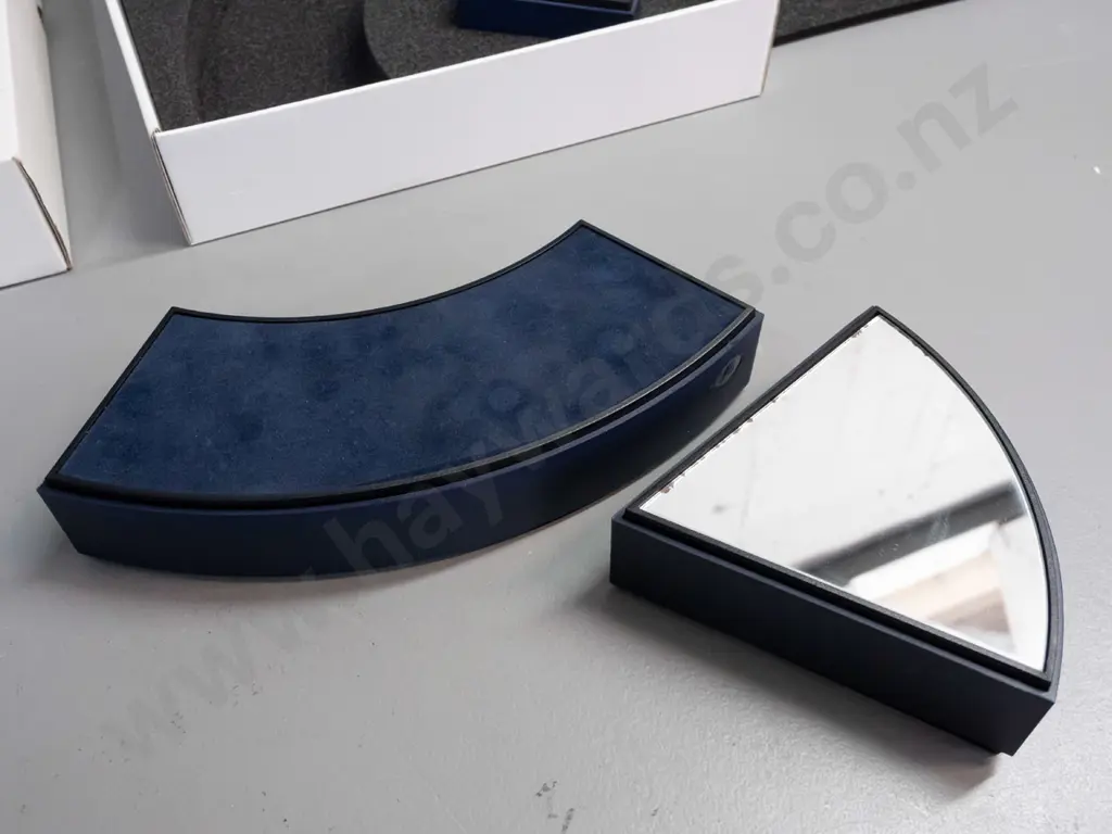 set of 3 Swarovski mirrored display stands in original box - curved wedge shapes, longest is L-330 Image 1++
