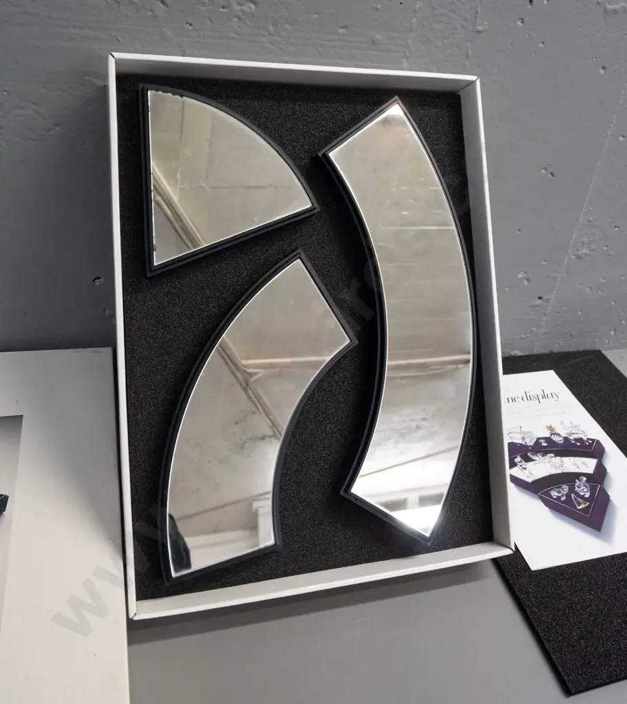 set of 3 Swarovski mirrored display stands in original box - curved wedge shapes, longest is L-330 Image 1++