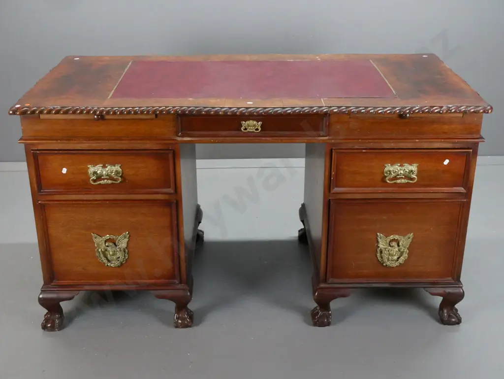 vintage Chippendale style mahogany double pedestal desk w/ figured walnut veneer top around leather inset writing Image 1++