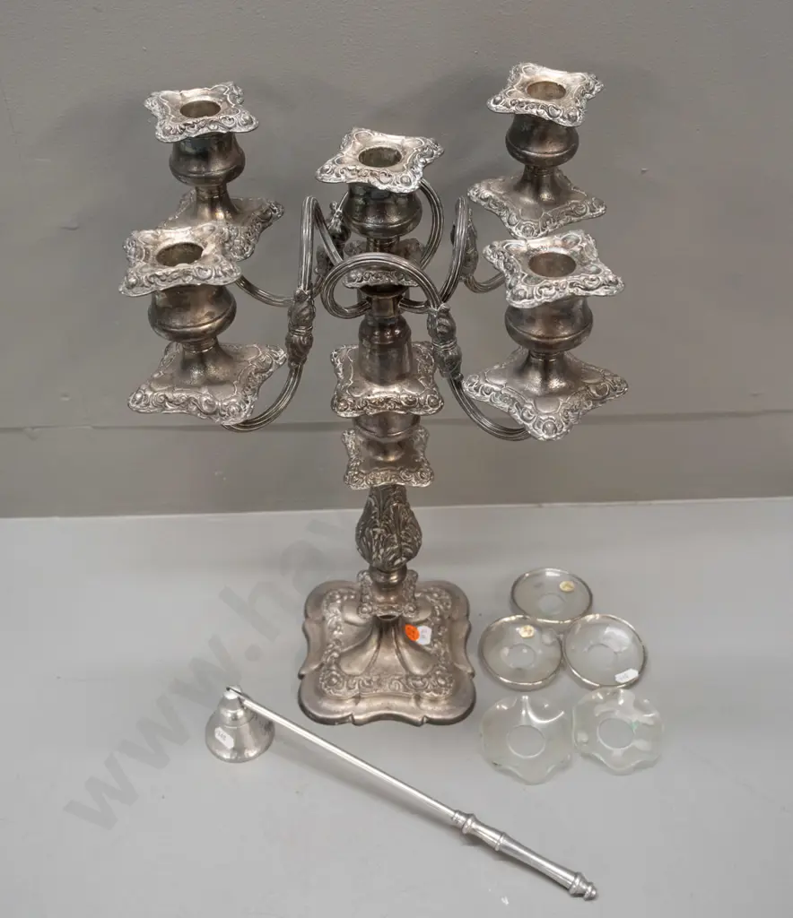 ornate plated 5-candle candelabrum w/ unmatched glass drip-catchers & cast-alloy candle-snuffer H-425 D-270 Image 1++