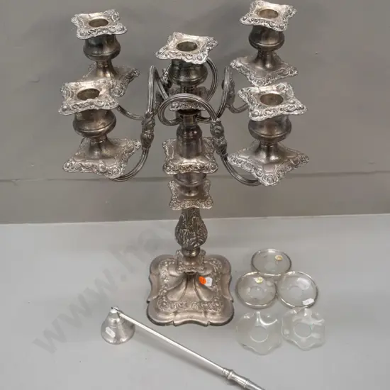 ornate plated 5-candle candelabrum w/ unmatched glass drip-catchers & cast-alloy candle-snuffer H-425 D-270