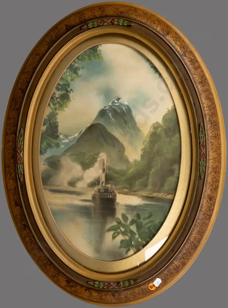 hand coloured photograph in ornate oval frame with convex glass, steam ship and Mitre Peak, H-435 W-290 [small crack to Image 1++