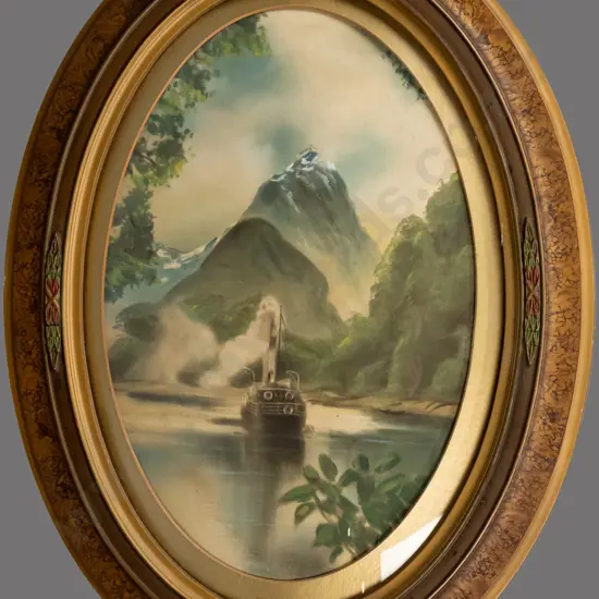 hand coloured photograph in ornate oval frame with convex glass, steam ship and Mitre Peak, H-435 W-290 [small crack to