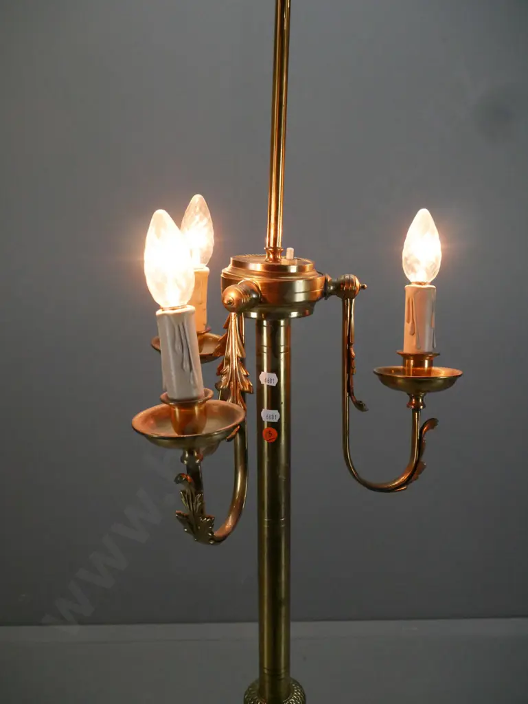 brass standard lamp with 3 curved arms holding upturned light fittings, circular base with 3 lion's paw feet - stem is Image 1++