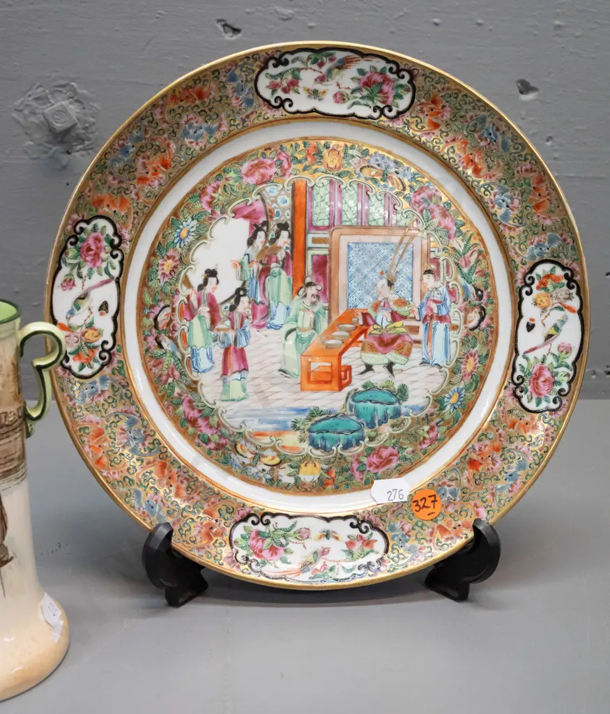Cantonese cabinet plate with multi colour raised enamel decoration and gilded background and 2 Royal Doulton spill vases Image 1++