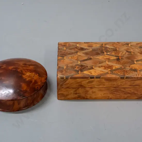2 wooden boxes - burr totara circular with lift off lid and a rectangular burr wood box with diamond lattice pattern