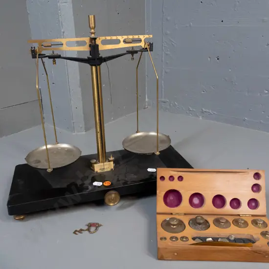 vintage Gallenkamp balance scales - brass and cast metal with bakelite base, stainless steel dishes, with cased set of