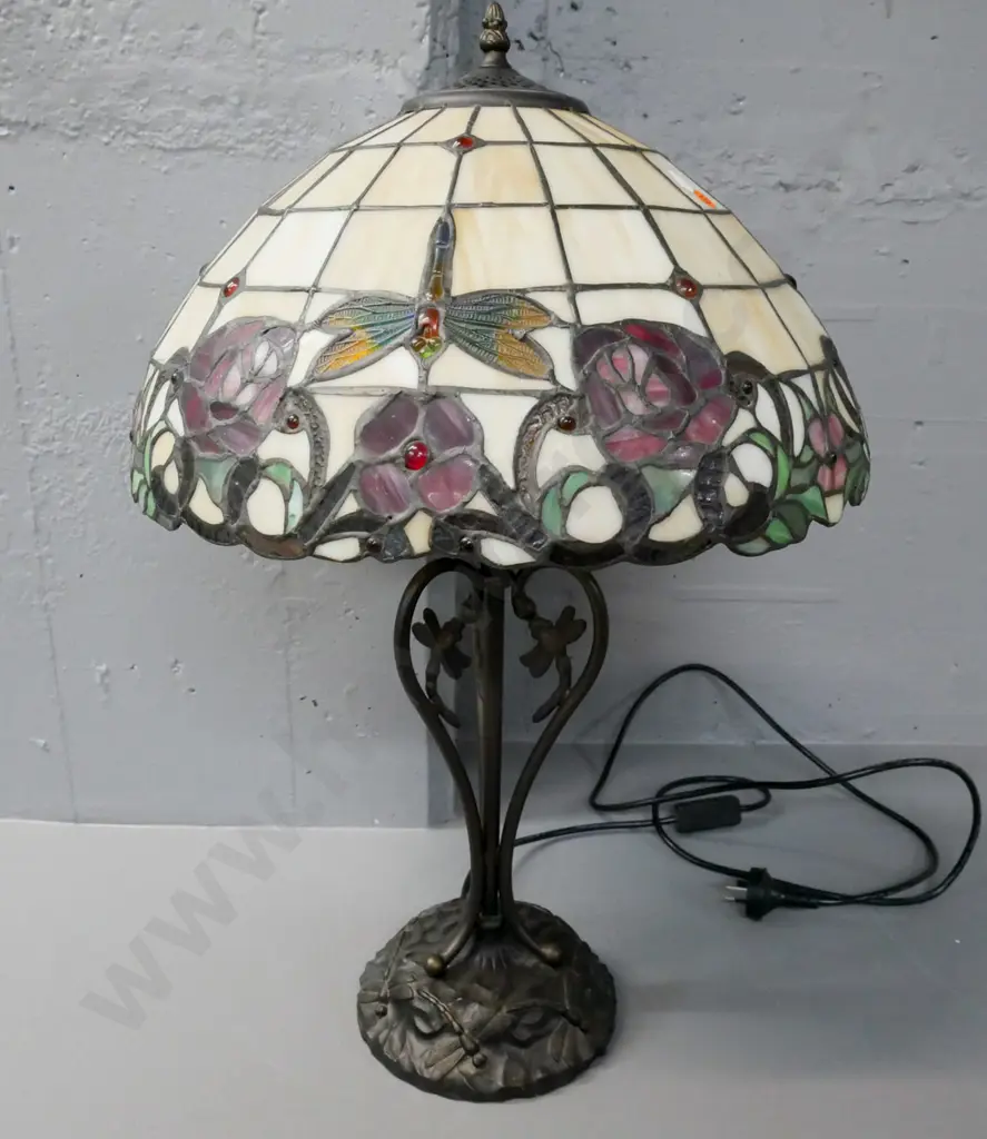 Tiffany style table lamp w/ cast metal dragonfly motif base, dragonfly & flower motif shade H-620 D-420 Image 1++